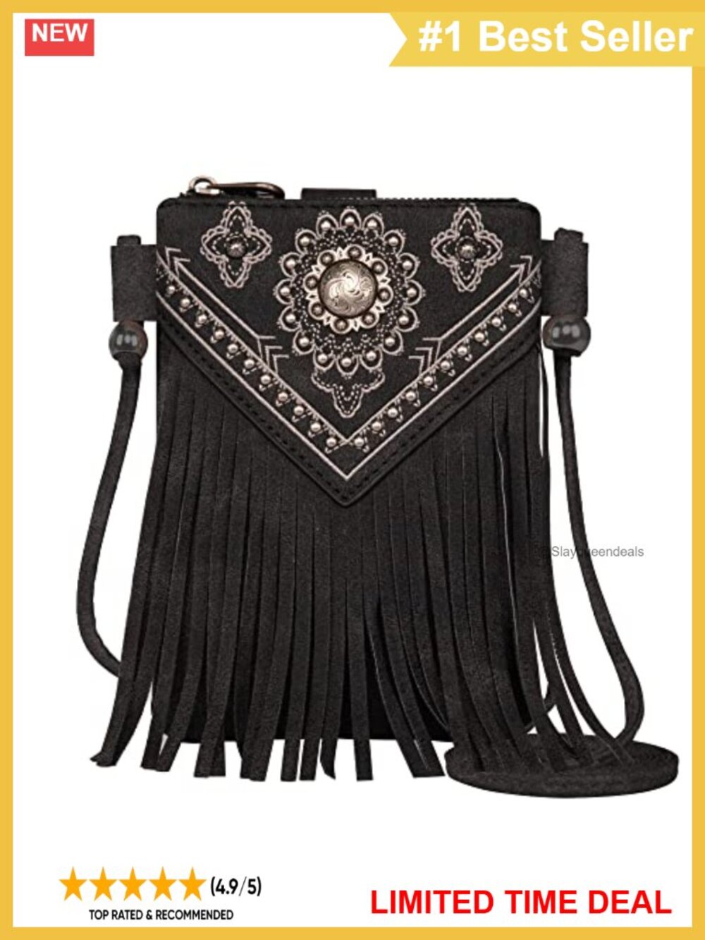 Western Embroidered Leather Fringe Crossbody Phone Purse
